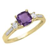 10K Yellow Gold 6 MM Cushion Amethyst And Round White Sapphire & Diamond Ladies Engagement Ring