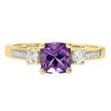 10K Yellow Gold 6 MM Cushion Amethyst And Round White Sapphire & Diamond Ladies Engagement Ring