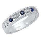 2.5mm Round Blue Sapphire & White Diamond Marquise Miligrain Stackable Wedding Band for Women in 10K White Gold