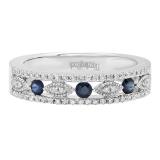 2.5mm Round Blue Sapphire & White Diamond Marquise Miligrain Stackable Wedding Band for Women in 10K White Gold