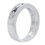 2.5mm Round Blue Sapphire & White Diamond Marquise Miligrain Stackable Wedding Band for Women in 10K White Gold