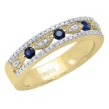 2.5mm Round Blue Sapphire & White Diamond Marquise Miligrain Stackable Wedding Band for Women in 10K Yellow Gold
