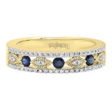 2.5mm Round Blue Sapphire & White Diamond Marquise Miligrain Stackable Wedding Band for Women in 10K Yellow Gold