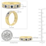 2.5mm Round Blue Sapphire & White Diamond Marquise Miligrain Stackable Wedding Band for Women in 10K Yellow Gold