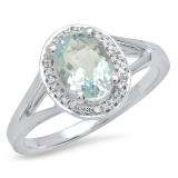 10K White Gold 8X6 MM Oval Aquamarine & Round White Diamond Halo Style Bridal Engagement Ring