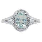 10K White Gold 8X6 MM Oval Aquamarine & Round White Diamond Halo Style Bridal Engagement Ring