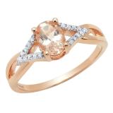 10K 7X5 MM Rose Gold Round Morganite & White Diamond Ladies Swirl Split Shank Bridal Halo Engagement Ring