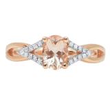 10K 7X5 MM Rose Gold Round Morganite & White Diamond Ladies Swirl Split Shank Bridal Halo Engagement Ring