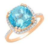 10K Rose Gold 10 MM Cushion Blue Topaz & Round White Diamond Ladies Bridal Halo Engagement Ring