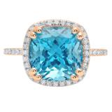 10K Rose Gold 10 MM Cushion Blue Topaz & Round White Diamond Ladies Bridal Halo Engagement Ring