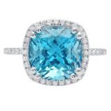 10K White Gold 10 MM Cushion Blue Topaz & Round White Diamond Ladies Bridal Halo Engagement Ring