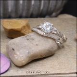 10K White Gold 6 MM Round Aquamarine White Sapphire & Diamond Ladies 3 Stone Engagement Ring Set