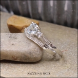 10K White Gold 6 MM Round Aquamarine White Sapphire & Diamond Ladies 3 Stone Engagement Ring Set