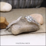 10K White Gold 6 MM Round Aquamarine White Sapphire & Diamond Ladies 3 Stone Engagement Ring Set