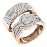 0.86 Carat (ctw) 14K Rose Gold Round White Diamond Men & Women's Engagement Ring Trio Set