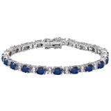 Sterling Silver 6X4 MM Each Oval Blue Sapphire & Round White Topaz Ladies Tennis Bracelet