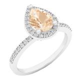 10K White Gold 8X6 MM Pear Morganite & Round White Diamond Ladies Halo Engagement Ring