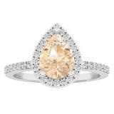10K White Gold 8X6 MM Pear Morganite & Round White Diamond Ladies Halo Engagement Ring