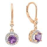 10K Rose Gold 6.5 MM Each Round Amehyst & White Diamond Ladies Halo Dangling Drop Earrings