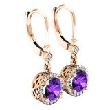 10K Rose Gold 6.5 MM Each Round Amehyst & White Diamond Ladies Halo Dangling Drop Earrings
