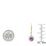 10K Rose Gold 6.5 MM Each Round Amehyst & White Diamond Ladies Halo Dangling Drop Earrings