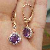10K Rose Gold 6.5 MM Each Round Amehyst & White Diamond Ladies Halo Dangling Drop Earrings