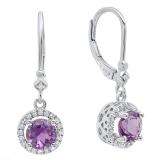 10K White Gold 6.5 MM Each Round Amehyst & White Diamond Ladies Halo Dangling Drop Earrings