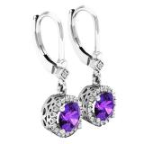 10K White Gold 6.5 MM Each Round Amehyst & White Diamond Ladies Halo Dangling Drop Earrings