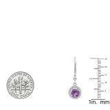 10K White Gold 6.5 MM Each Round Amehyst & White Diamond Ladies Halo Dangling Drop Earrings