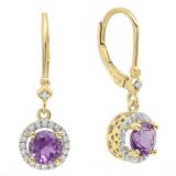 10K Yellow Gold 6.5 MM Each Round Amehyst & White Diamond Ladies Halo Dangling Drop Earrings