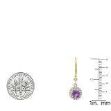 10K Yellow Gold 6.5 MM Each Round Amehyst & White Diamond Ladies Halo Dangling Drop Earrings