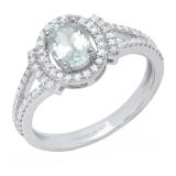 Sterling Silver 7X5 MM Oval Aquamarine & Round White Diamond Ladies Halo Style Engagement Ring