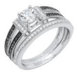 0.38 Carat (ctw) Sterling Silver Round Black & White Diamond Ladies Split Shank Engagement Ring Set