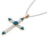 0.55 Carat (ctw) 10K Rose Gold Round Blue Diamond & Baguette Diamond Ladies Cross Pendant 1/2 CT