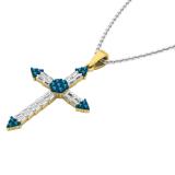 0.55 Carat (ctw) 14K Yellow Gold Round Blue Diamond & Baguette Diamond Ladies Cross Pendant 1/2 CT
