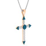 0.55 Carat (ctw) 18K Rose Gold Round Blue Diamond & Baguette Diamond Ladies Cross Pendant 1/2 CT