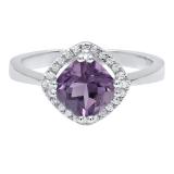 10K White Gold 7 MM Cushion Amethyst & Round White Diamond Ladies Bridal Halo Engagement Ring