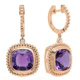 10K Rose Gold 10 MM Cushion Amethyst & Round Diamond Ladies Dangling Drop Earrings