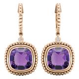 10K Rose Gold 10 MM Cushion Amethyst & Round Diamond Ladies Dangling Drop Earrings