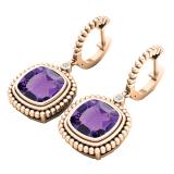 10K Rose Gold 10 MM Cushion Amethyst & Round Diamond Ladies Dangling Drop Earrings