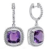 10K White Gold 10 MM Cushion Amethyst & Round Diamond Ladies Dangling Drop Earrings