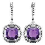 10K White Gold 10 MM Cushion Amethyst & Round Diamond Ladies Dangling Drop Earrings