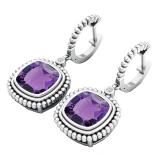 10K White Gold 10 MM Cushion Amethyst & Round Diamond Ladies Dangling Drop Earrings