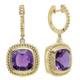 10K Yellow Gold 10 MM Cushion Amethyst & Round Diamond Ladies Dangling Drop Earrings