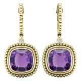10K Yellow Gold 10 MM Cushion Amethyst & Round Diamond Ladies Dangling Drop Earrings