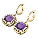 10K Yellow Gold 10 MM Cushion Amethyst & Round Diamond Ladies Dangling Drop Earrings