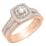 0.60 Carat (ctw) 18K Rose Gold Round Diamond Bridal Halo Style Engagement Ring Set