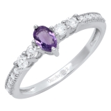 Sterling Silver 5X3 MM Oval Amethyst Round White Sapphire & Diamond Ladies 5 Stone Engagement Ring