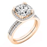 10K Rose Gold 8 MM Cushion Cubic Zirconia & Round Diamond Ladies Bridal Engagement Ring Set