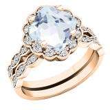 10K Rose Gold 7 MM Cushion Aquamarine & Round Diamond Ladies Halo Engagement Ring Set
